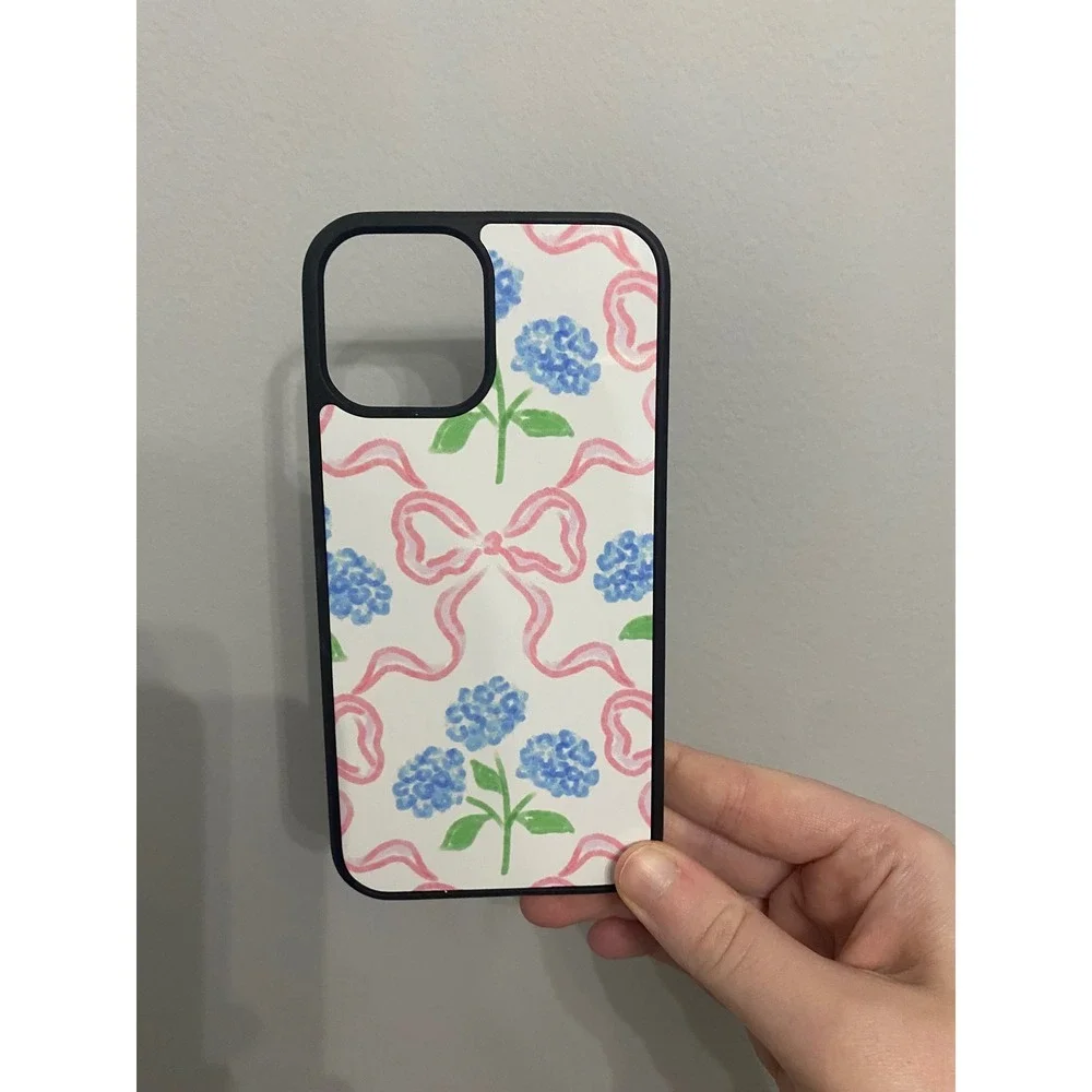 iPhone 12 12 Pro Case Blue Hydrangea Pink Bow Floral Watercolor Black Bumper